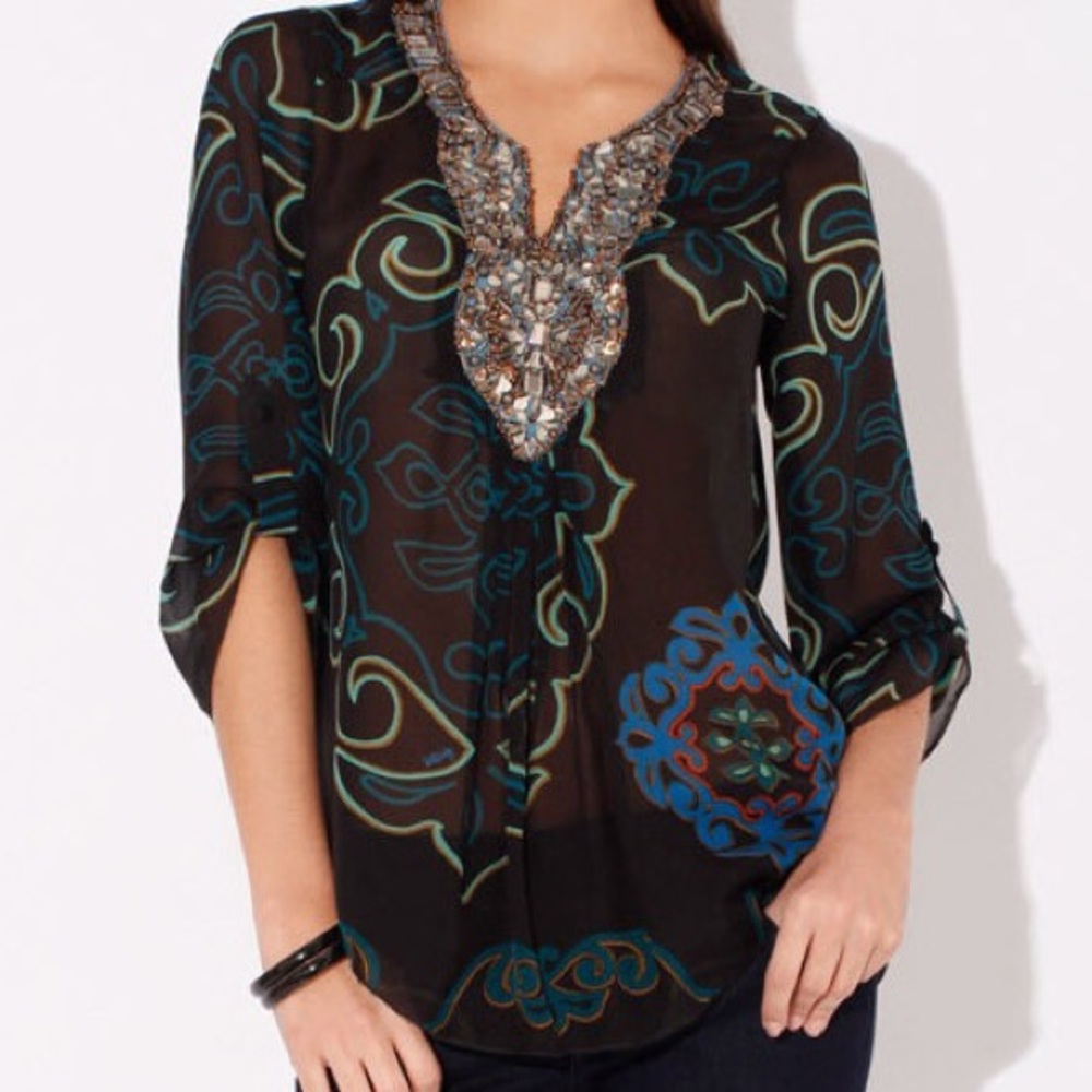 Sheer Silk Blouse with Glass Beaded Neck